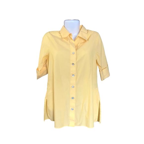 Investments Women's Yellow Wrinkle Free 3/4 Sleeve Button-Up Blouse Tunic SZ 8 - Picture 2 of 8